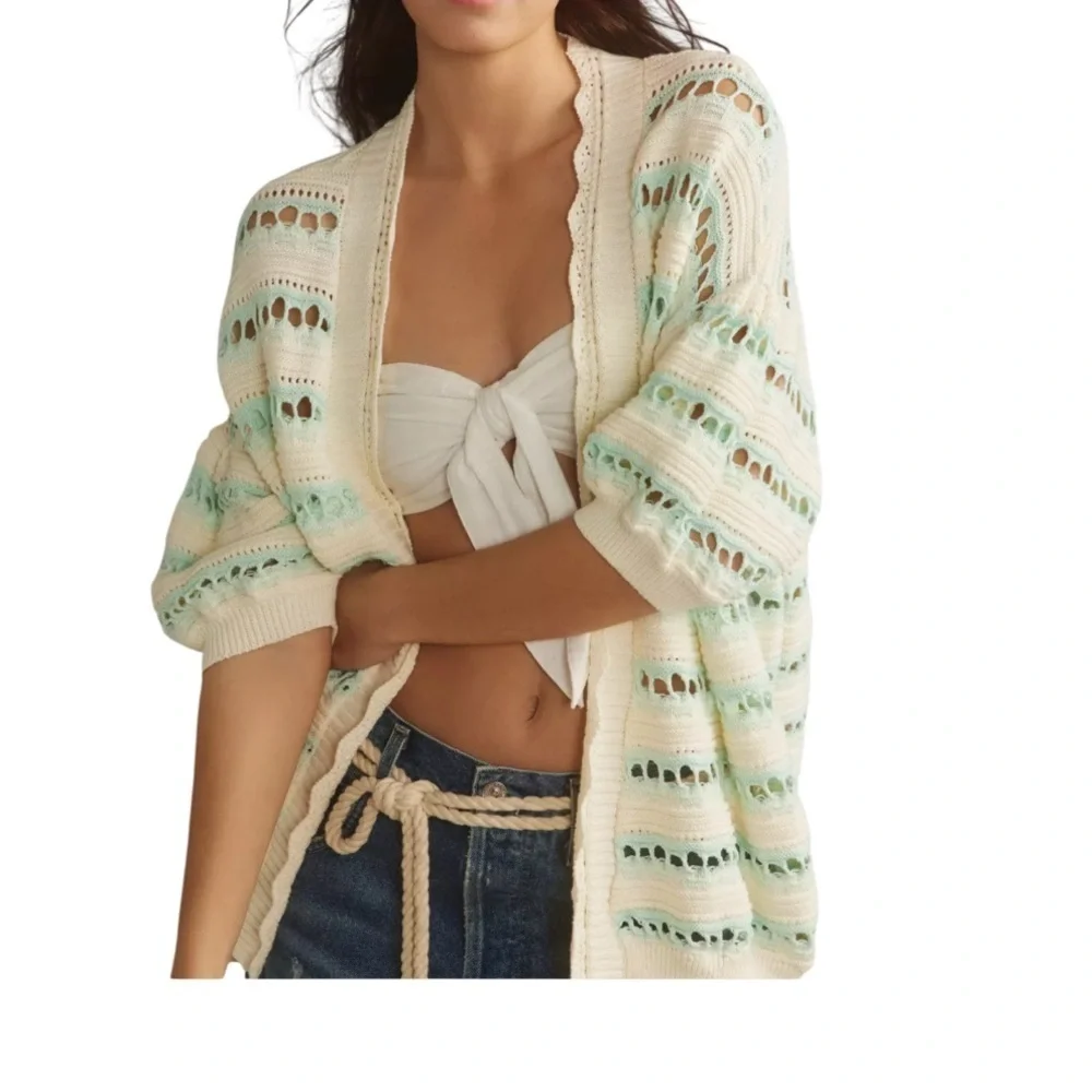 Maeve Cream and Green Striped Cardigan Women’s  Size XS/S